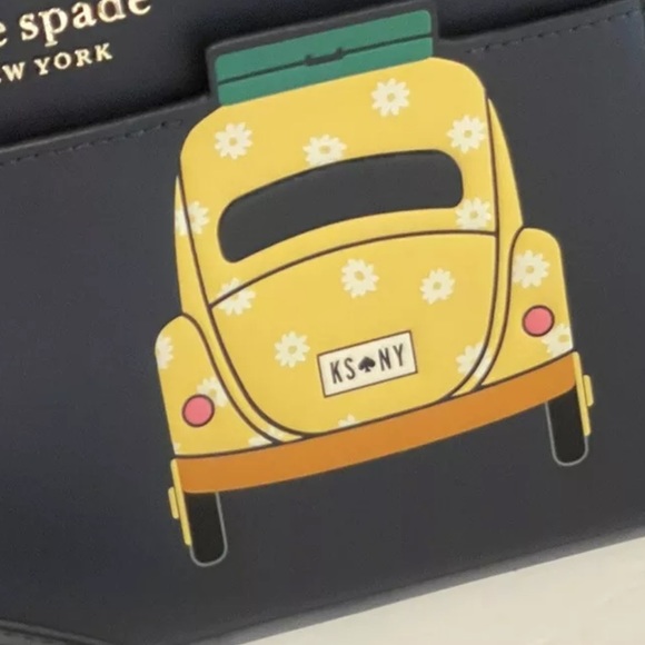 KATE SPADE BEEP MEDIUM WRISTLET CARD HOLDER WALLET VW BUG YELLOW CAR NAVY BLUE - Picture 4 of 9